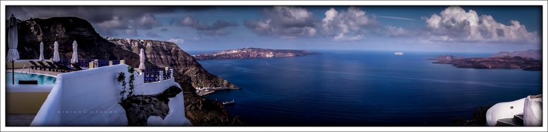Views of the Santorini caldera from the clifftop village of Fira.