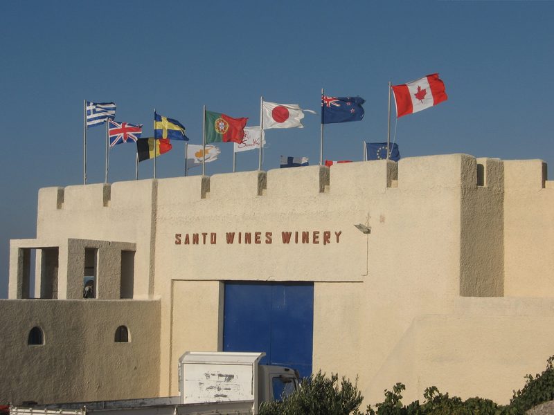 A row of wine bottles lined up on a wooden shelf at Santo Wines Winery.