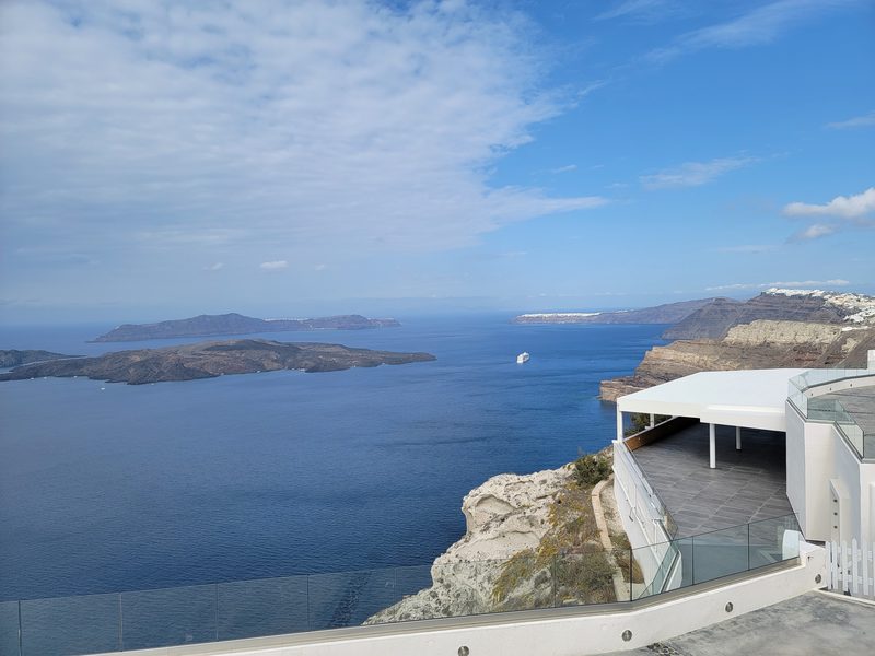 A panoramic view of the caldera from the Santo Wine terrace in Santorini.
