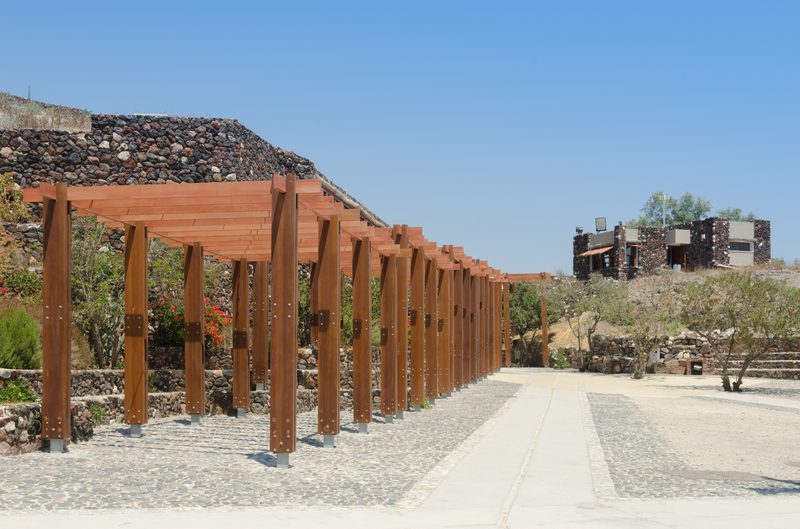 The excavated Minoan ruins at the Akrotiri archaeological site on Santorini.