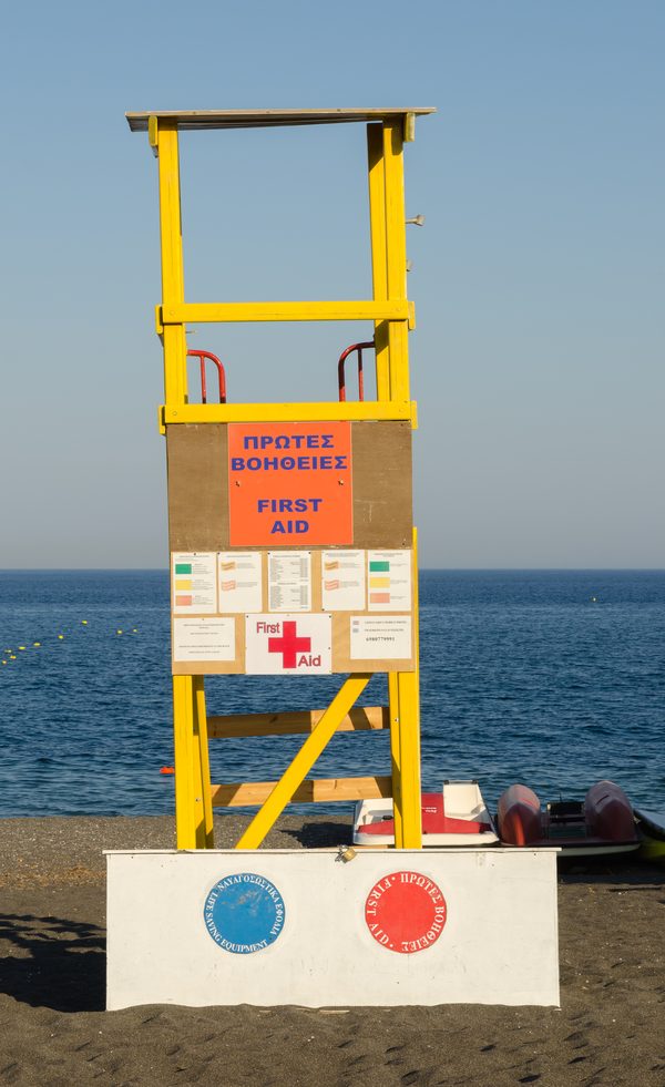 Lifeguard post on the black volcanic sand beach at Perissa, Santorini