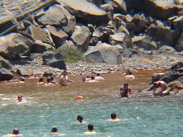 The yellowish sulphurous hot springs of Palea Kameni in the Santorini caldera